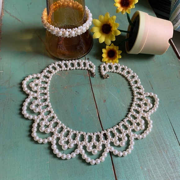 Mid-Century Faux White Pearl Lacy Collar Necklace & Bracelet - Vintage Bride - Picture 10 of 13